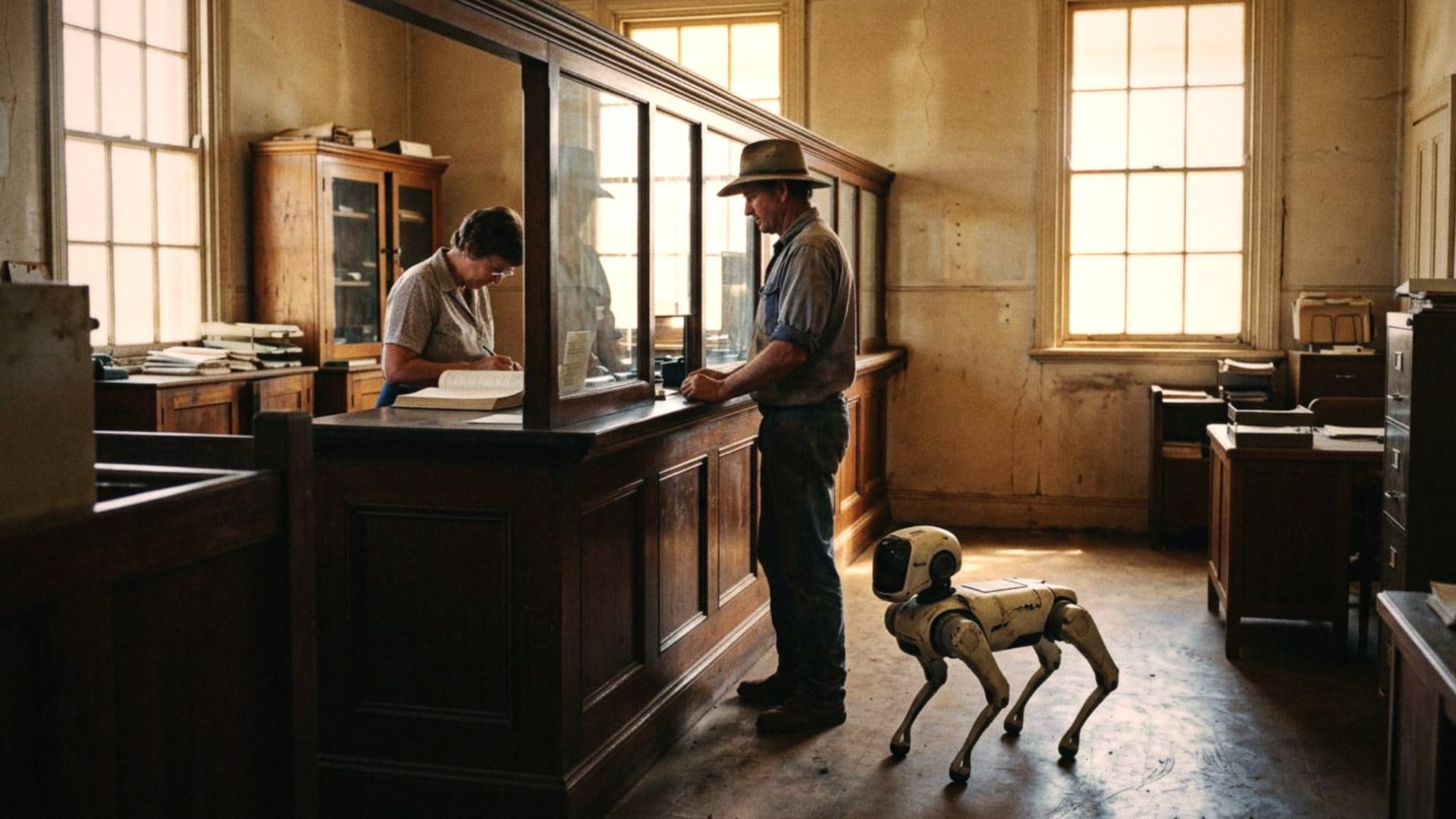 A 1970s country bank, a farmer at the counter with a quadruped robot waiting at his heel.