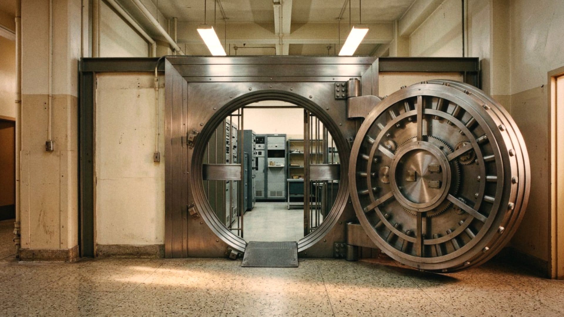 A 1970s bank vault door standing open onto a quiet room of equipment racks.