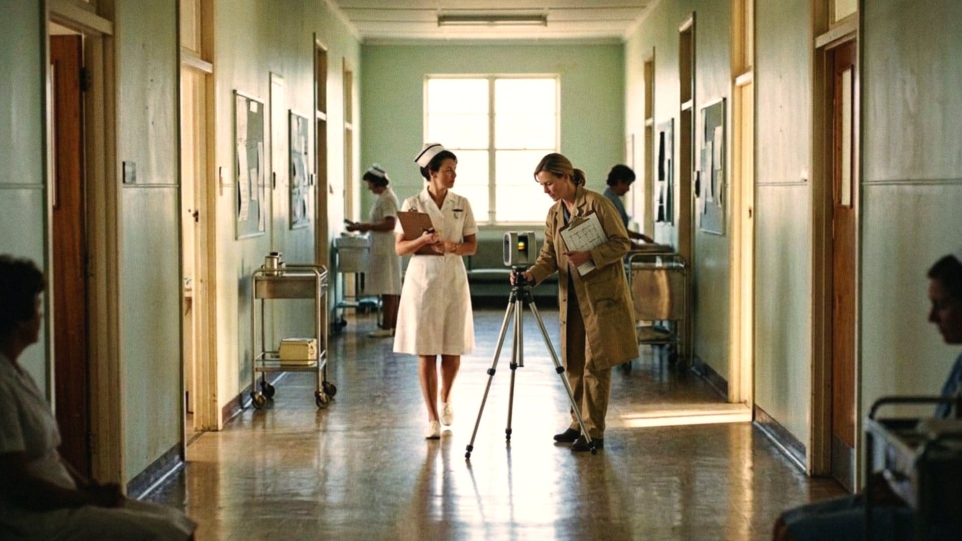 The main corridor of a 1960s regional hospital, an engineer setting up a 3D scanner on a tripod beside a nurse.