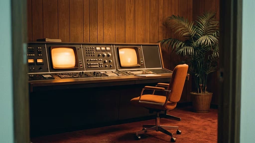 An empty control room, one chair turned out from a console of amber screens.