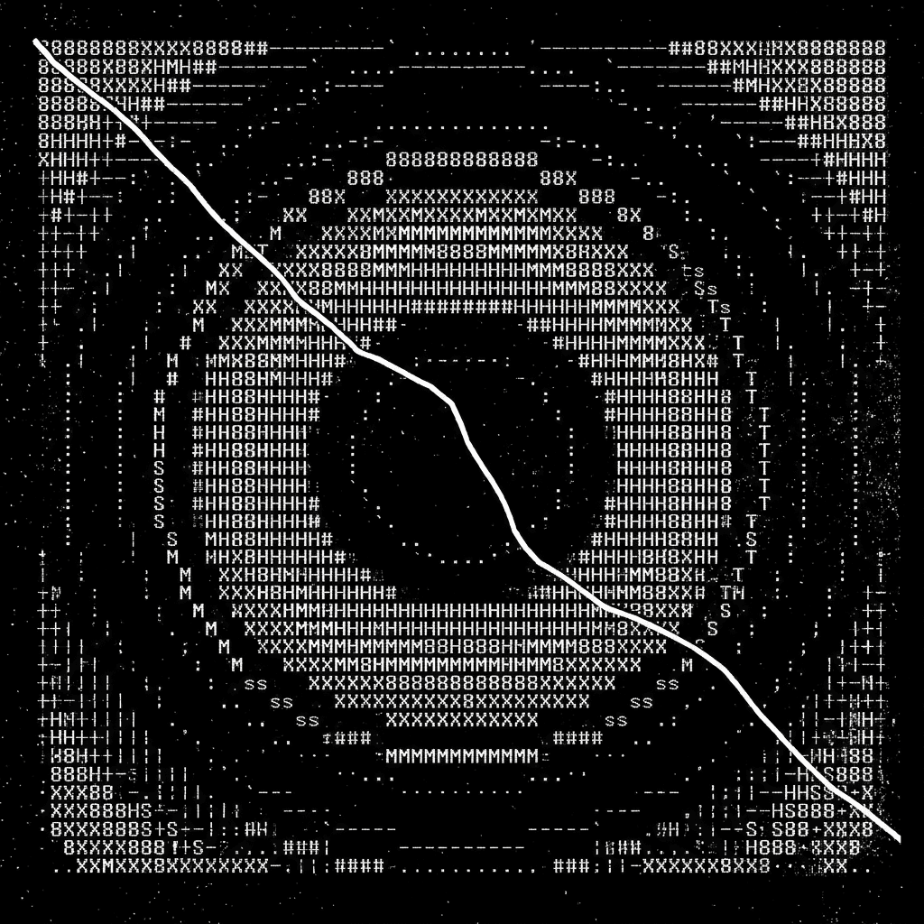 An ASCII contour map crossed by one unbroken traverse.